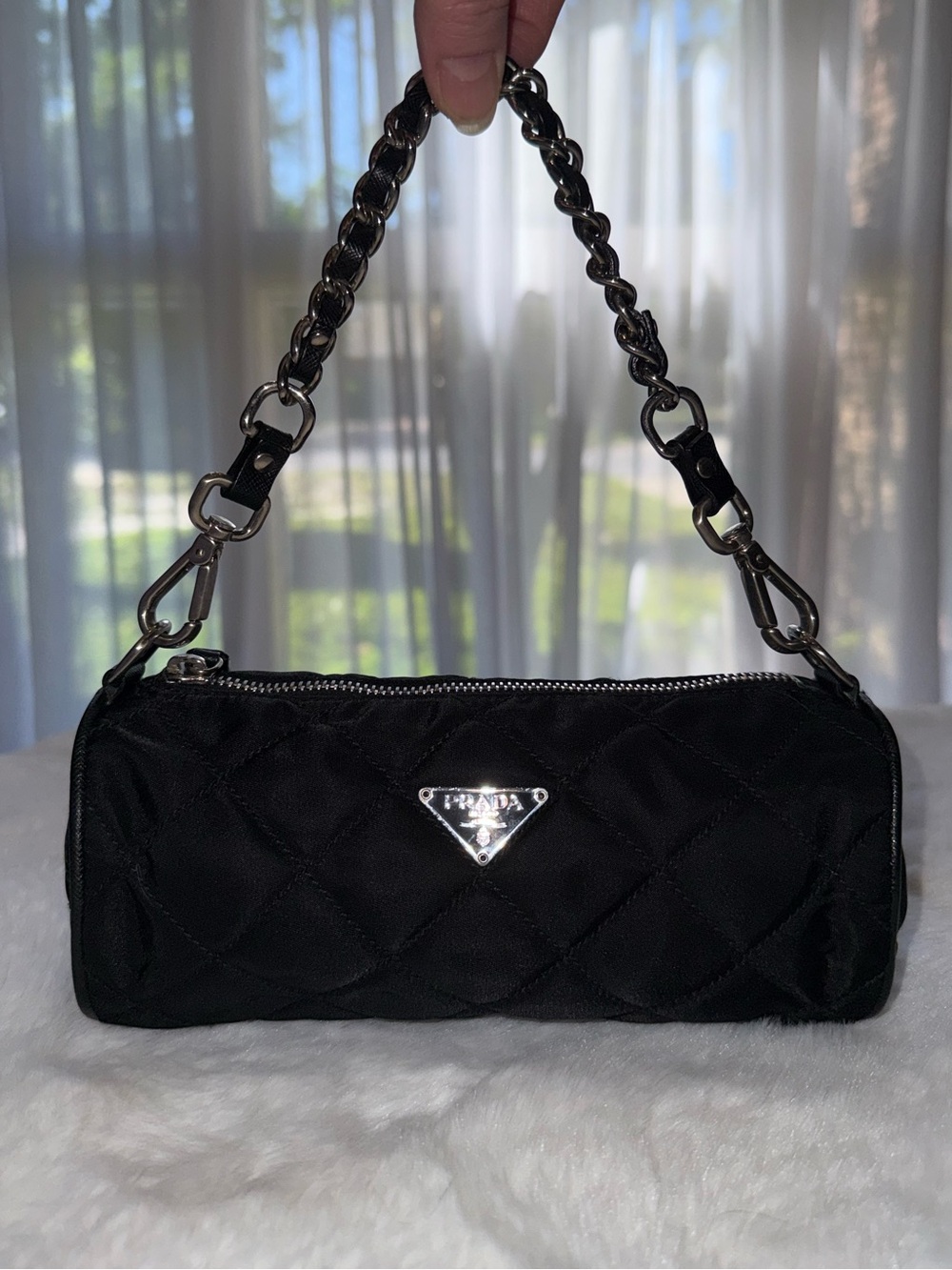 Prada Black Quilted Mini Barrel Bag with Silver Chain - Picture 16 of 16